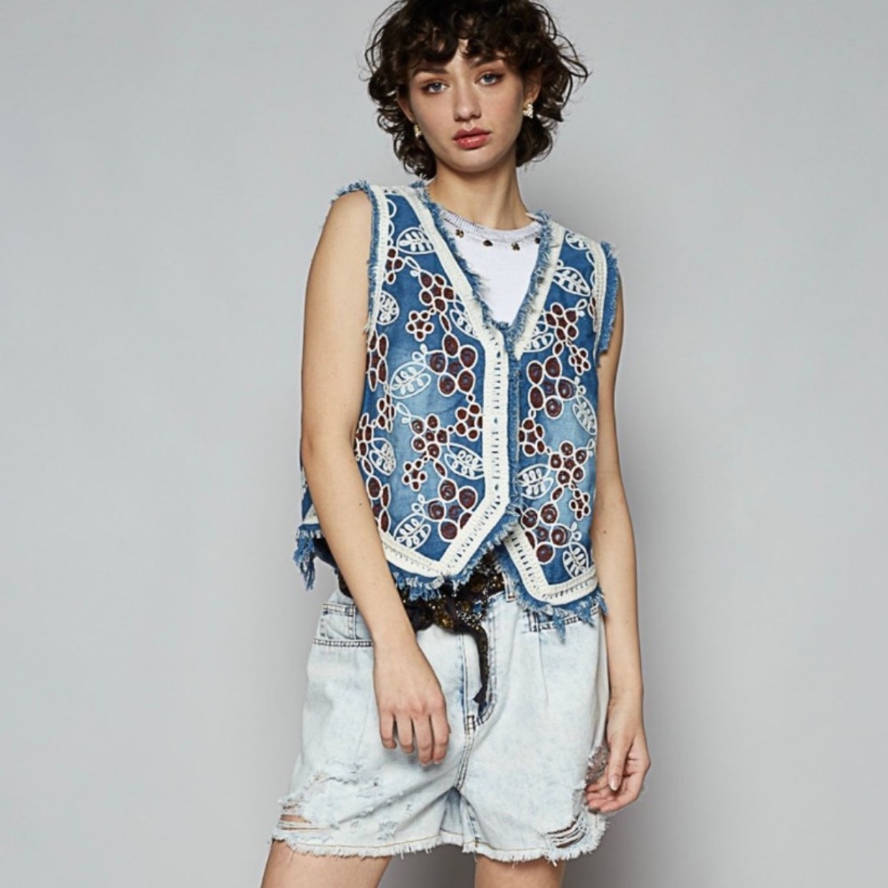 POL Denim Vest with White and Brown Embroidery